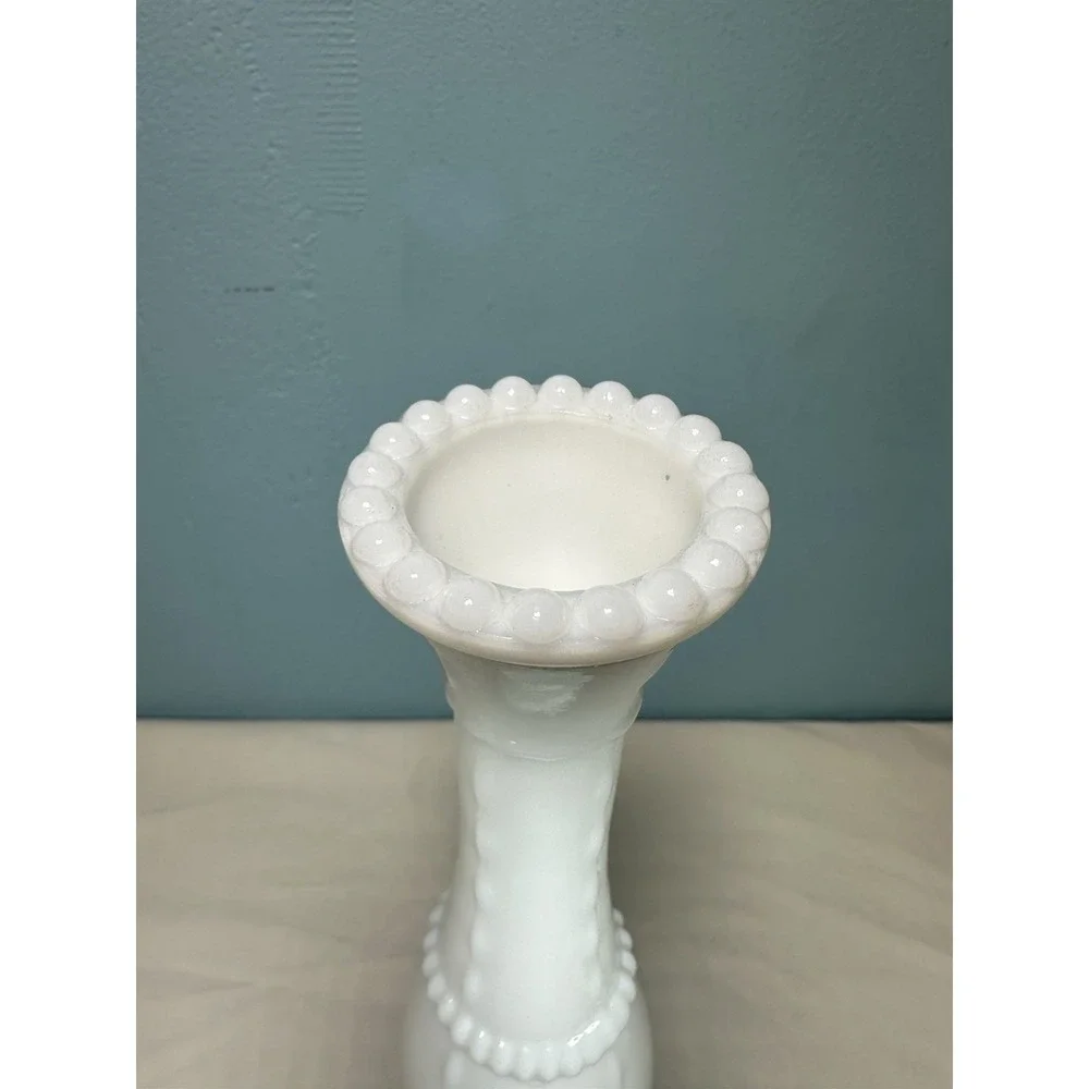 Vintage 1950's Bead and Stitch White Milk Glass Bud Vase 10.5